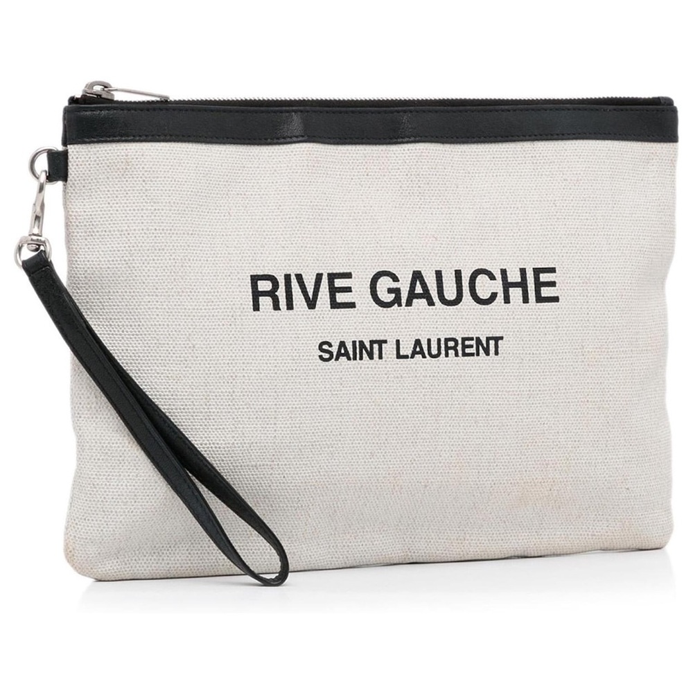 Saint Laurent Rive Gauche Canvas Clutch | YSL Pouch Black Leather Trim Wristlet